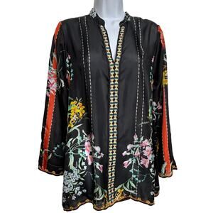 Johnny Was Silk Eulia Floral Embroidered Tunic Top Black XS